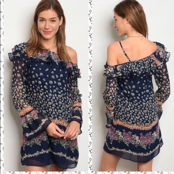 Loveriche boho off shoulder navy dress. Ruffles - Picture 3 of 7